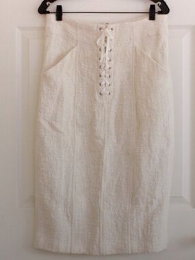 A.L.C. Liya Lace-Up Tweed Pencil Skirt Linen Blend Midi Coquette Pockets Preppy